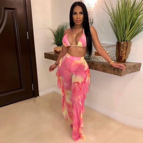 Echoine Sexy Sheer Mesh Ruffle Beach 2 Piece Set Summer Bra Halter Crop Top Ruffle Wide Leg Pants Clubwear Elastic Tie Dye Set