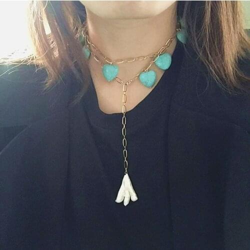 Irregular Pearl Pendant Long Necklace Heart Shaped Blue Stone Vintage Romantic Valentines Day Christmas Gift For Girls Women