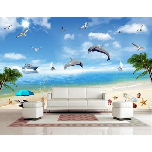 Custom photo wallpaper 3d wall murals wallpaper sea coconut trees dolphins tanker gull landscape paintings wall papers home decor