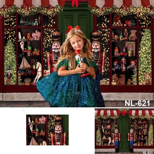 Christmas Gift Shop Backdrop Background Xmas Wreath Photo Studio Props New Year Bear Toy Wood Door Backdrop Family Party Decor