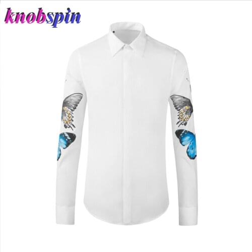 100% Pure Cotton Shirt Men Long Sleeve Slim Colorful Butterfly Printed Chemise homme Big size Casual Business Male Dress Shirts