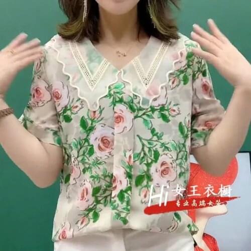 Crushed floral chiffon shirt summer V collared pastoral wind shirt high-end pretty little shirt French bow short-sleeved top