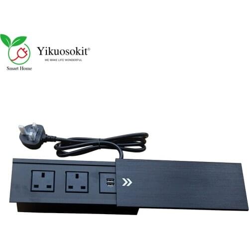 UK Socket 2 USB Ports Black Tabletop Hidden Rectangular Grommet Power Sockets Electrical Slide Cover Desktop Outlets CE