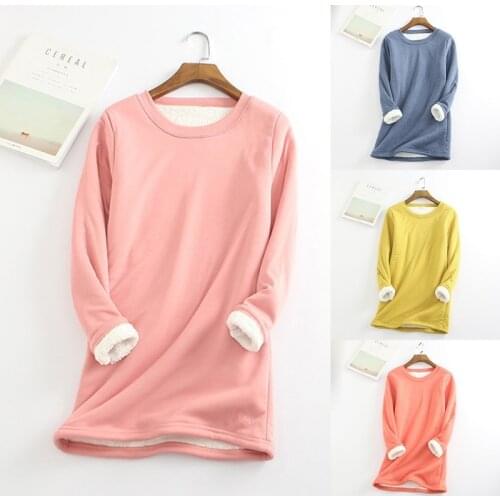 Women Long Sleeve O-Neck Sweatshirt Faux Fleece Lined Thermal Pullover Tunic Top 649C