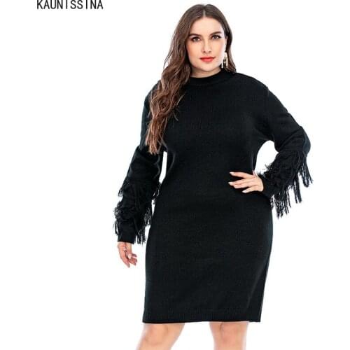 Knitted Sweater Dress Women Solid Plus Size O-Neck Long Pullovers Knitting Jumper Tassel Loose Long Pullover Sweaters XL-4XL