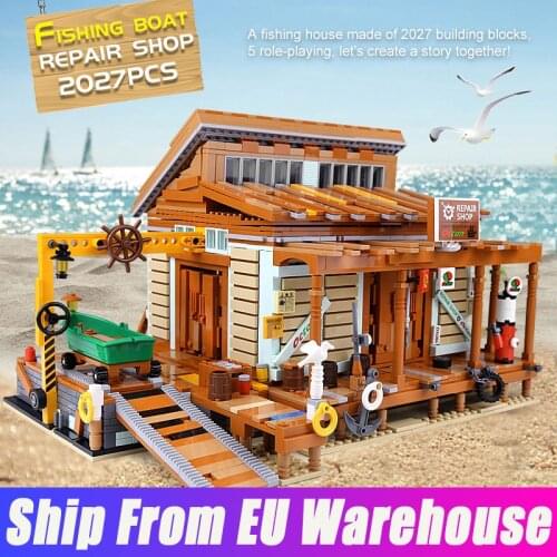 Yeshin 12004 MOC Street View Toys The Shipyard Repair Shop Set Compatible 30106 Beach Store Building Blocks Kids Christmas Gifts