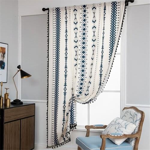 Curtain Bohemian Geometric Stripe Printing Cotton Linen with Tassel for Living Room Bay Window Curtain Home Decoration