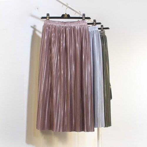 Womens Clothing 2018 Summer Skirt New Metallic Sheen Skirt Solid Color High Waist Was Thin Pleated Women Skirt