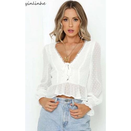 Yinlinhe white polka dot shirt female long sleeve chiffon blouse women lace up sexy Transparent women tops autumn 2019 1206