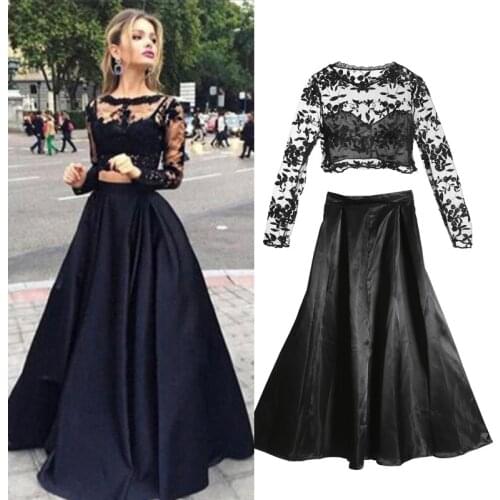2Pcs Women Wedding Dresses Ball Prom Gown Lace Long Sleeve Empire Maxi Dress Evening Party Black Sexy Formal Suits