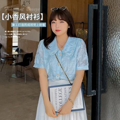 Summer new 2021 large womens 200 Jin fat mm French small fragrant nail bead baby collar top 220414