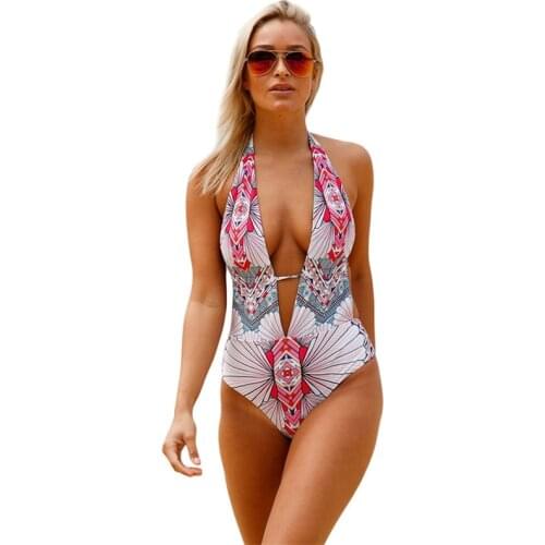 2021 Sexy Printing Floral One Piece Swimsuit Women Monokini Backless V-neck Push Up Padded Bikini Swimsuit Swimwear Bathing Suit