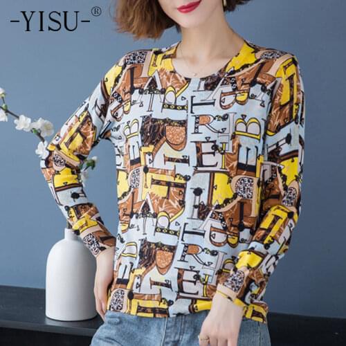 YISU Women Winter Sweater O-Neck Jumper Long sleeve Printing Female Knitted Pullover Casual thin Loose Women Sweater