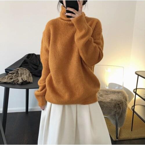 Winter New Korean Style Lazy Wind Soft Waxy Turtleneck Pullover Thick Warm Loose Solid Color Knitted Shirt Women