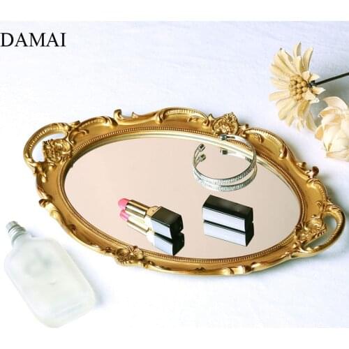 Golden Oval Mirror Trays Decorative Vintage Relief Craft Jewelry Storage Tray Cosmetic Container Dressing Table Decoration