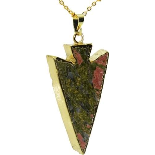 1pc Gold Bezel Rainbow Chakra Jewelry arrow head pendant girl Necklace unakite stone pendant chain necklace for women gift