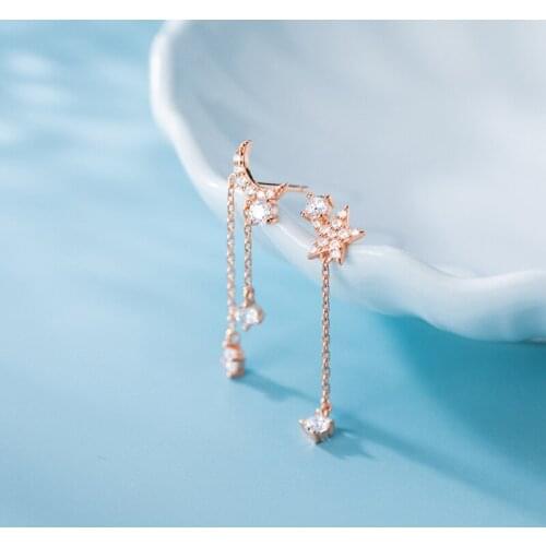 100% Pure 925 Sterling Silver Korean Fashion Asymmetrical Star Moon Dangle Earrings For Women Lady Daughter Jewelry