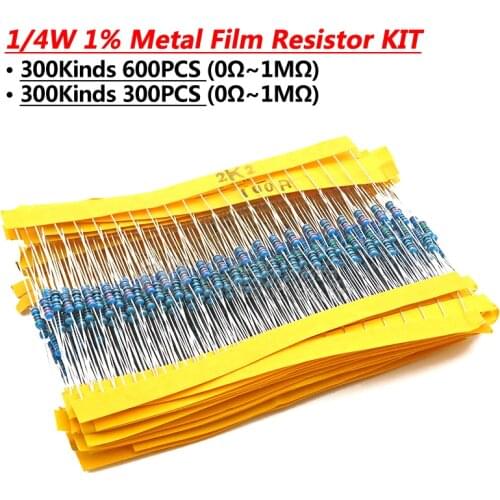 600pcs/set 30 Kinds 1/4W Resistance 1% Metal Film Resistor Pack Assorted Kit 1K 10K 100K 200K 220 ohm 1M Resistors 300pcs/set