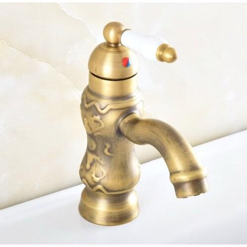 Antique Brass Carved Flower Pattern Deck Mounted Single Handle Lever Bathroom Vessel Basin Sink Faucet Mixer Water Taps mnf820