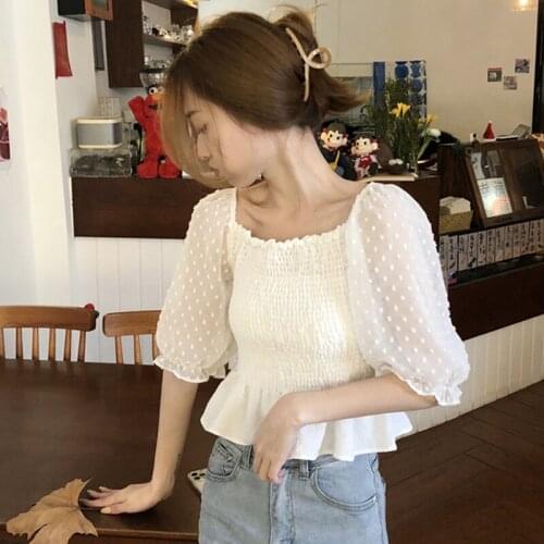 Blouse Puffy Sleeve White Shirt Womens Summer New Style French Design Niche Waist Short Top Womens Tops