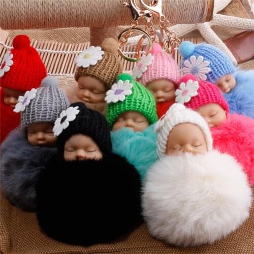 Sleeping Baby Doll Keychain Flower Pompom Rabbit Fur Ball Key Chain Fluffy Car Keyring porte clef Bag Key ring llaveros chaveiro