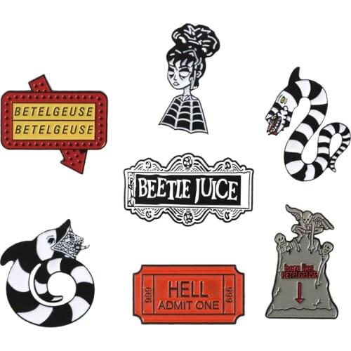 Halloween Brooches Collection Red Ticket Sand Worm Lydia Deetz Enamel Pins Gothic Lapel Pin Fantasy Movie Brooch Badge Wholesale