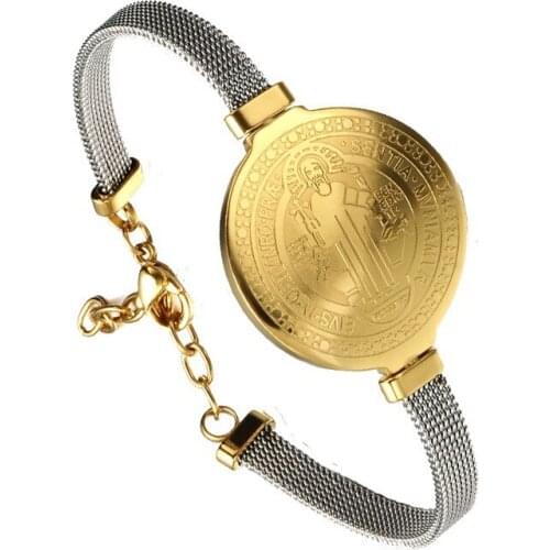 Catholic San Benito Stainless Steel Link Chain Charm Bracelets Gold Jesus Medal Bangle Women Men Bracelet Religious Jewelry Gift