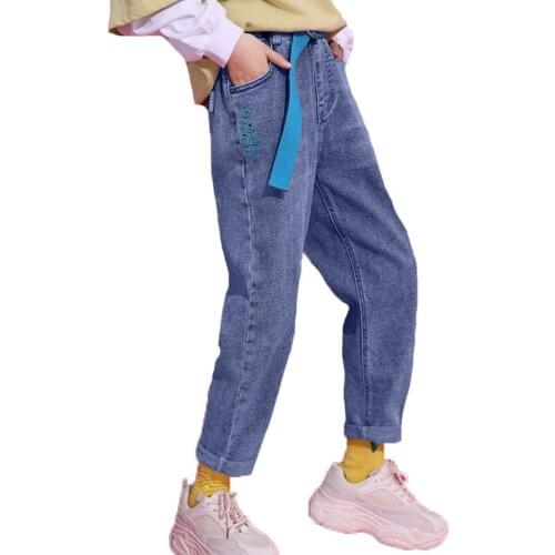 Fashion Jeans For Girls Denim Childrens Jeans Casual Trousers Kid Straight Jeans With Free Belt Girls Clothes 6 8 10 12 14