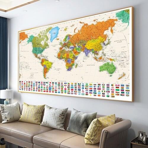 Big Size The World Map Canvas Painting Poster Retro English Map with National Flags Travel Picture for Study Living Room Decor