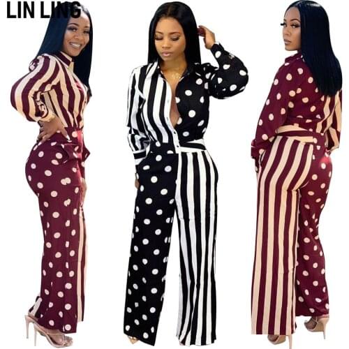 LINLING Fashion Temperament Wave Point Stripe Splicing Full Sleeve Suit Collar Single Breasted One Piece Wide Leg Pants