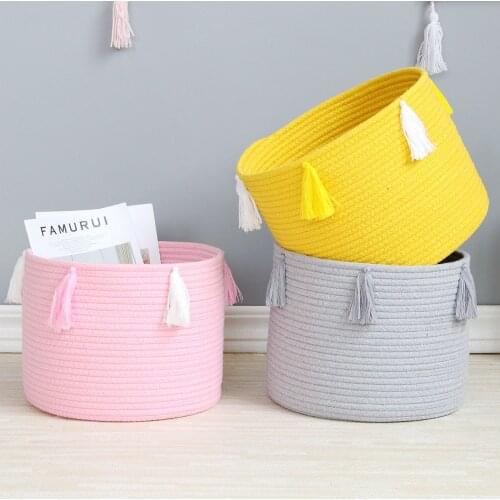 Cotton Thread Storage Basket Handmade Woven Sundries Storage Organizer for Foldable Dirty Clothes Toy Book Tassel Storage Basket