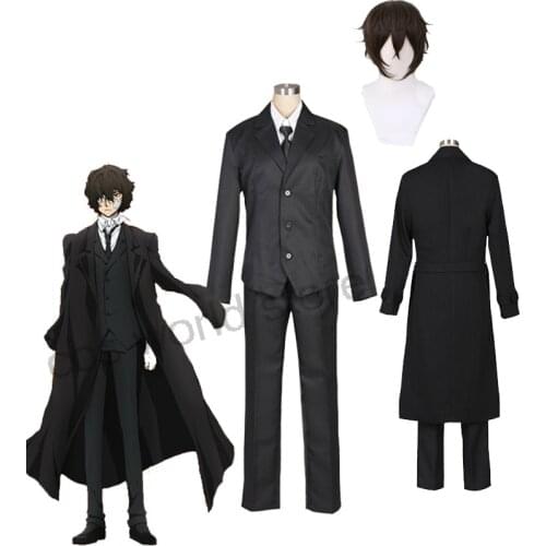 Anime Bungo Stray Dogs Dazai Osamu Cosplay Costume Black Trench Outfit Jacket Halloween Carnival Party Costume Uniform WIg