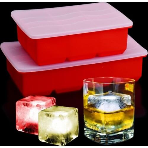 Kitchen Bar Cooking Whiskey Ice Making Box Red Silicone Big Square Ice Mold Freeze Ice Cube Tray Mould With Cover