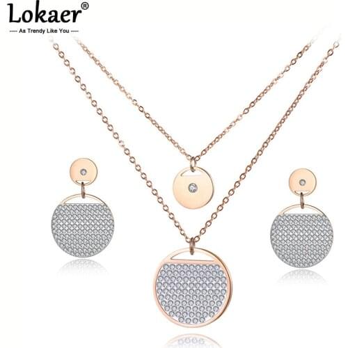 Lokaer Classic Mosaic Clay Rhinestone Crystal Rings Bangle Sets Titanium Steel Rose Gold Color Wedding Jewelry For Women SE022