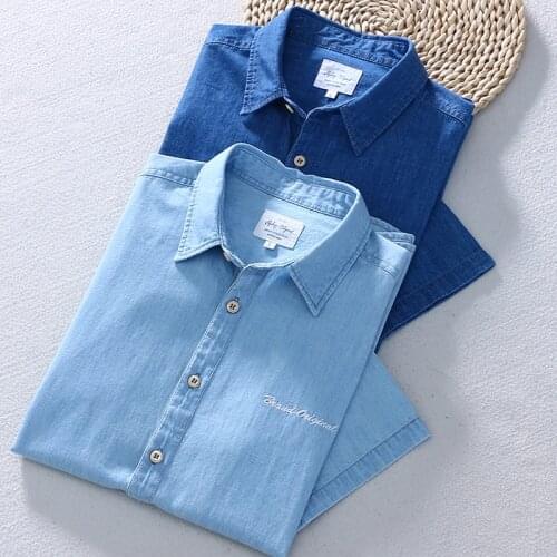 100% Cotton Mens Short Sleeve Jeans Shirt Classic Retro Blue Summer Thin Denim Shirts Cowboy Clothing
