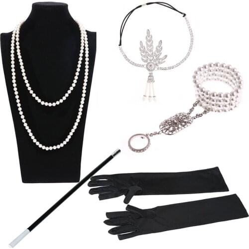 1920s Accessories SetArt Deco Flapper Style Women Headpiece,Bracelet,Necklace,Glove and Cigarette Gatsby Vintage Look
