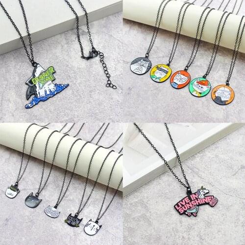 Cartoon cat face circular Pendant Necklace Lovely animals kitten shark Horse Enamel metal alloy Fashion Necklace Jewelry gifts