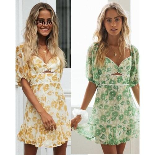 Sexy Open Back Floral Print Elegant Dress Short Summer Women Beach Mini Dress Casual Cool Cute Female Vestidos Dress