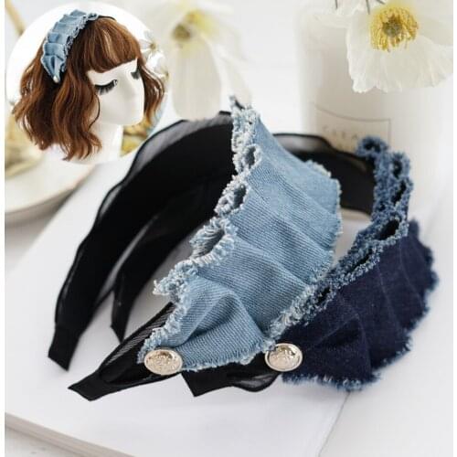 New Washing Edg Denim Hairband Pleated Jeans Headbands for Female Blue Hair Bezel Turban Hoops Retro Hair Accessories for Women