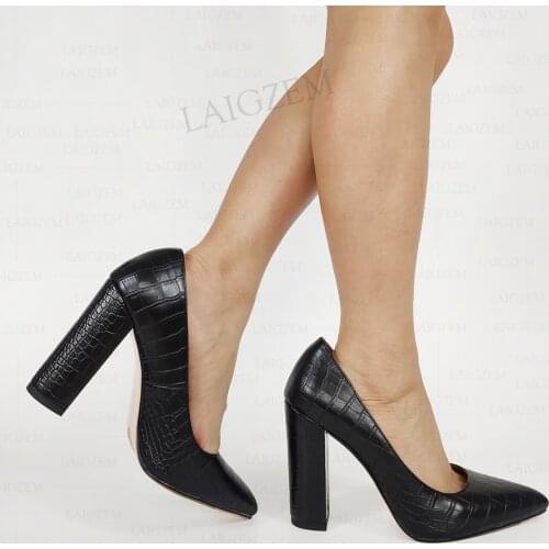 LAIGZEM Women Pumps Crocodile Print 11CM Thick Block Heels Fun Sandals Dress Party Prom Handmade Shoes Woman Big Size 38 41 43