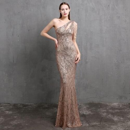 YIDINGZS Women Beads Party Maxi Dress Elegant One Shoulder Gold Long Sequin Evening Dress 2021