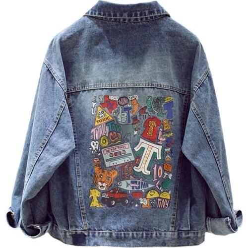 2021Spring Autumn New Printed Net Red Denim Jacket Women Trendy Ins Loose Korean Version Of BF Wind Jeans Casual Female Coat 500