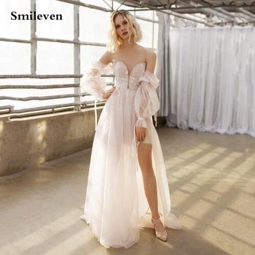 Smileve Light Pink Wedding Dress Puff Sleeve Boho Bride Dress Side Split Nude TopWedding Gowns Lace Appliques Vestido de novia