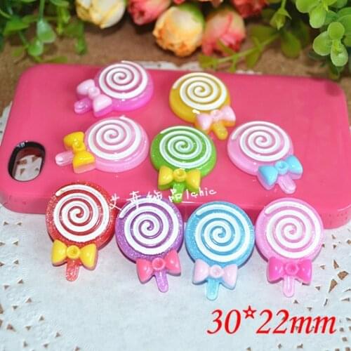 10pcs/lot Mixed Multicolor Resin lovely Lollipop Sweets Cabochons Flat back Hair Accessory Fit Phone Embellishment 22*30mm