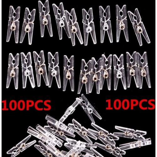 100pcs Hot Selling 25mm Mini Spring Clear Transparent Clips Clothes Photo Paper Peg Pin Clothespin Craft Clips Party Home Decor