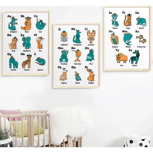 ABC Animals Alphabet Poster Nursery Wall Art Canvas Painting Educational Preschool Prints Wall Pictures For Kids Room Decoration