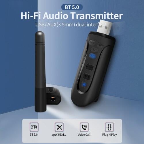 USB BT 5.0 Audio Transmitter with External Antenna Support Connecting 2 BT Devices AUX Input APTX HD/APTX LL/APTX Plug N Play