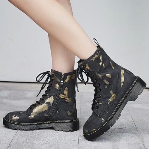 SKLFGXZY New style Genuine leather Martin boots Female boots Womens boots graffiti black cowhide Womens shoes