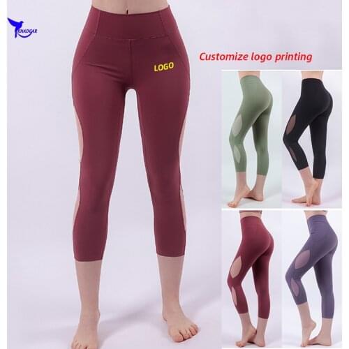 2020 Quick Dry Elastic Capri Yoga Pants Women Mesh Patchwork High Waist 3/4 Running Tights Fitness Gym Cropped Leggings Custom