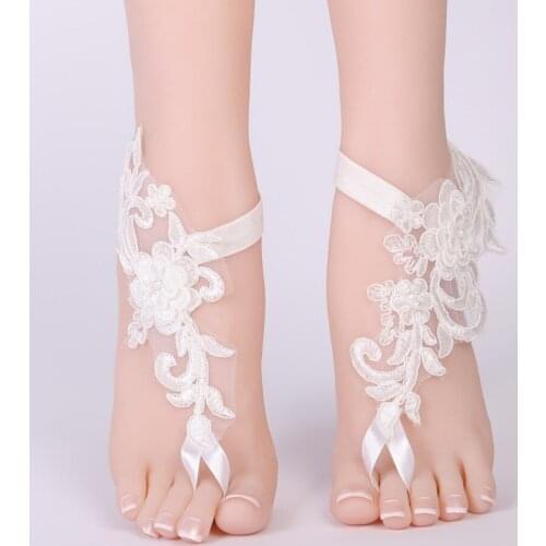Elegant Lace Wedding Barefoot Sandals Anklets Shoes With Toe Sandbeach Bridal Beach sunbathing 2020